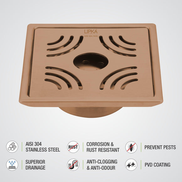Purple Exclusive Square Floor Drain in Antique Copper PVD Coating (6 x 6 Inches) with Hole & Cockroach Trap - LIPKA - Lipka Home
