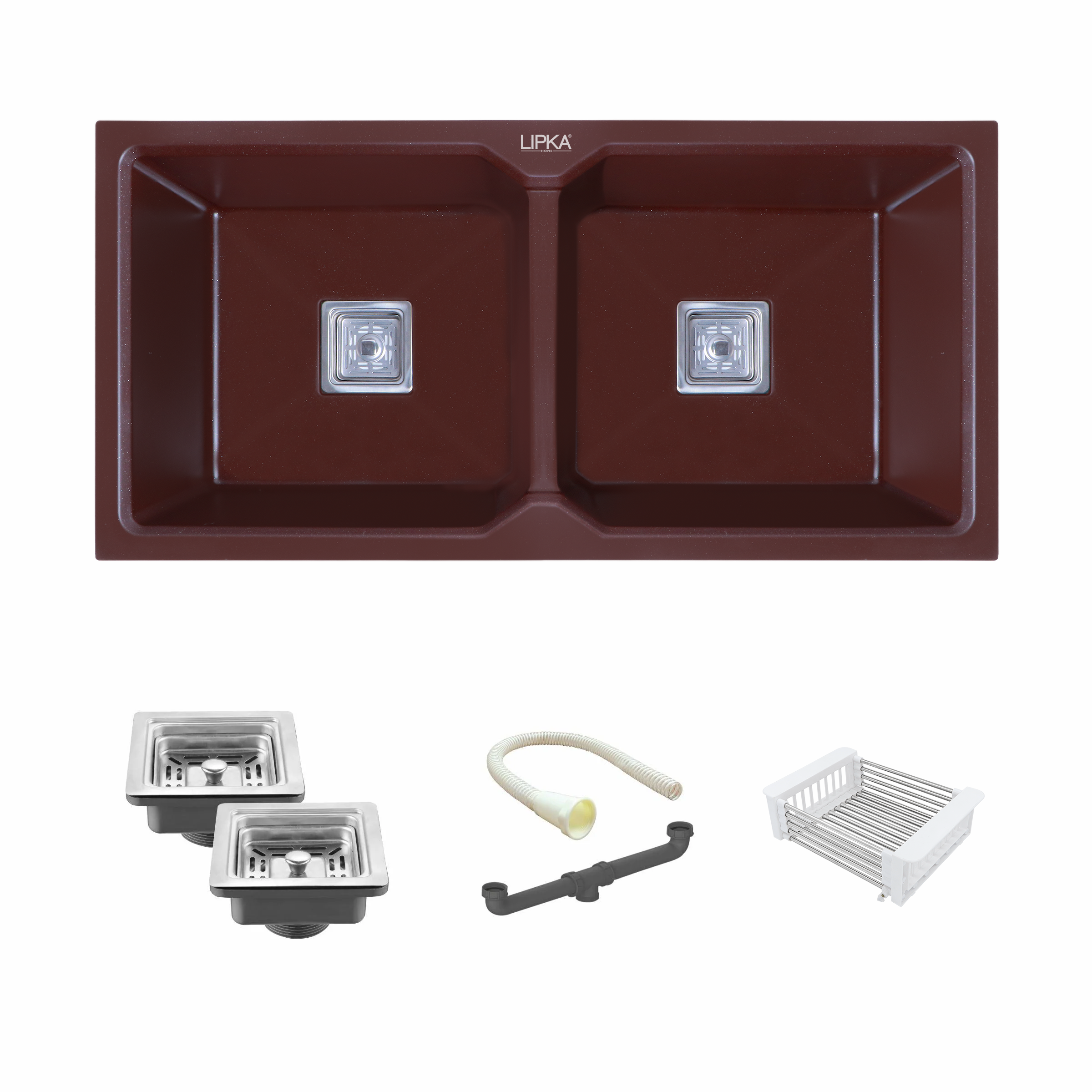 Choco Brown Quartz Double Bowl Kitchen Sink (37 x 18 x 9 Inches) - LIPKA - 0