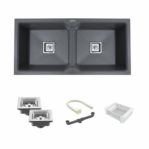 Smokey Grey Quartz Double Bowl Kitchen Sink (37 x 18 x 9 Inches) - LIPKA - Lipka Home