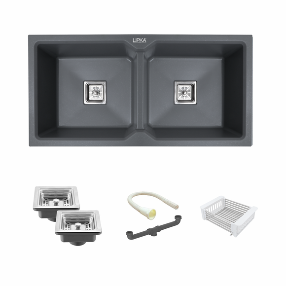 Smokey Grey Quartz Double Bowl Kitchen Sink (45 x 20 x 9 Inches) - LIPKA - Lipka Home