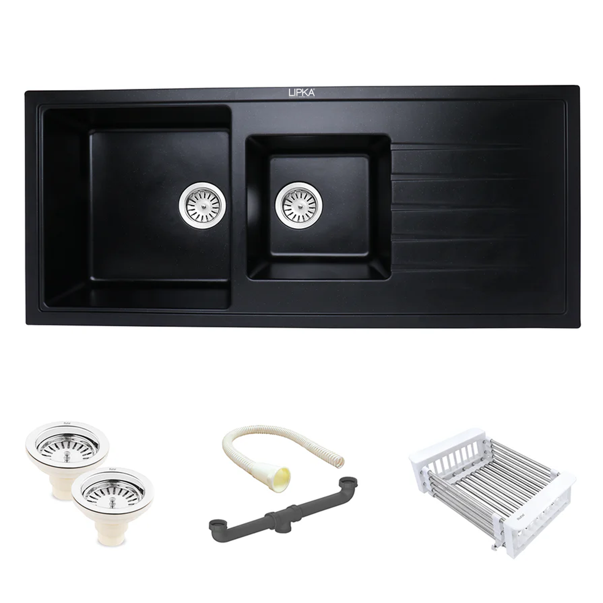 Black Quartz Double Bowl with Drainboard Kitchen Sink (45 x 20 x 9 Inches) - LIPKA