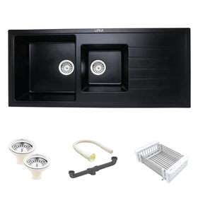 Black Quartz Double Bowl with Drainboard Kitchen Sink (45 x 20 x 9 Inches) - LIPKA - Lipka Home