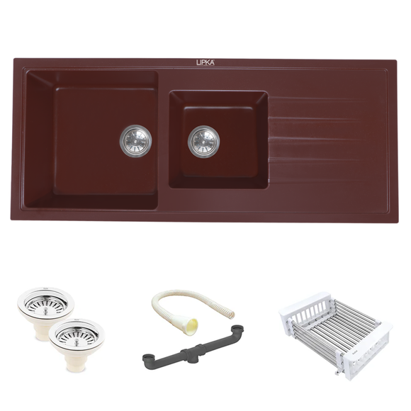 Choco Brown Quartz Double Bowl with Drainboard Kitchen Sink (45 x 20 x 9 Inches) - LIPKA - Lipka Home