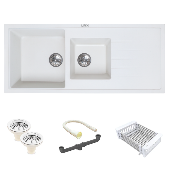 Crystal White Double Bowl with Drainboard Kitchen Sink (45 x 20 x 9 Inches) - LIPKA - Lipka Home