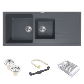 Smokey Grey Quartz Double Bowl with Drainboard Kitchen Sink (45 x 20 x 9 Inches) - LIPKA - Lipka Home