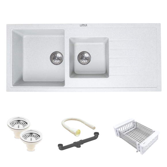 Sand Pluto Quartz Double Bowl with Drainboard Kitchen Sink (45 x 20 x 9 Inches) - LIPKA - Lipka Home