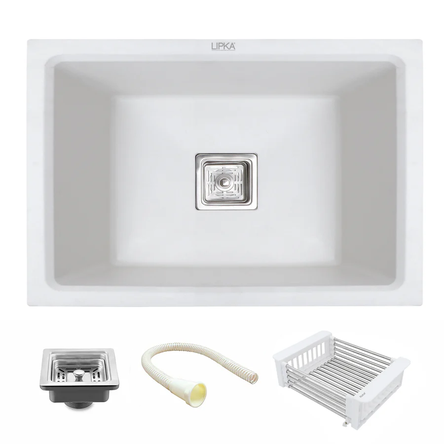 Crystal White Quartz Single Bowl Kitchen Sink (21 x 18 x 9 Inches) - LIPKA