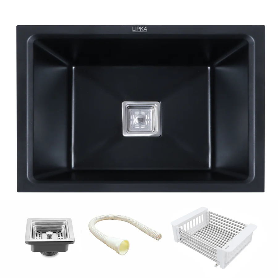 Black Quartz Single Bowl Kitchen Sink (24 x 18 x 9 Inches) - LIPKA