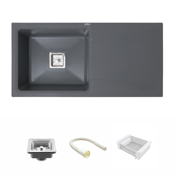 Smokey Grey Quartz Single Bowl with Drainboard Kitchen Sink (36 x 18 x 9 Inches) - LIPKA - Lipka Home