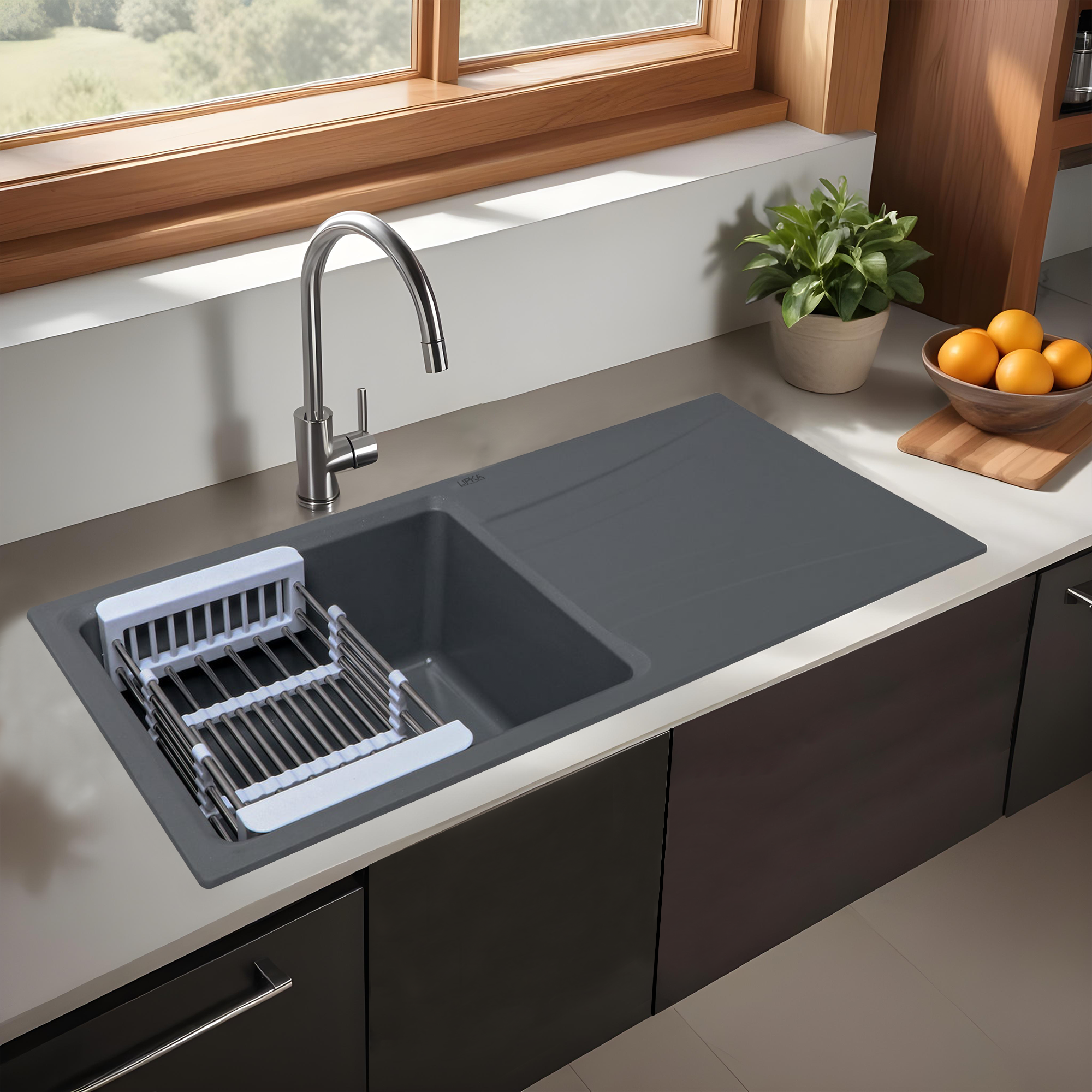 smokey gray quartz drainboard kitchen sink