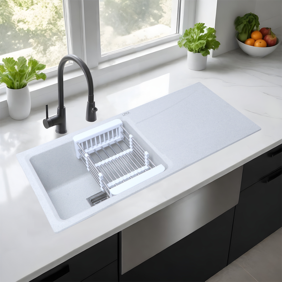 Sand Pluto Quartz Single Bowl with Drainboard Kitchen Sink (36 x 18 x 9 Inches) - LIPKA - Lipka Home