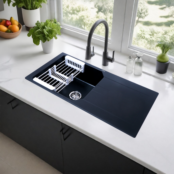 Black Quartz Single Bowl with Drainboard Kitchen Sink (39 x 20 x 9 Inches) - LIPKA - Lipka Home