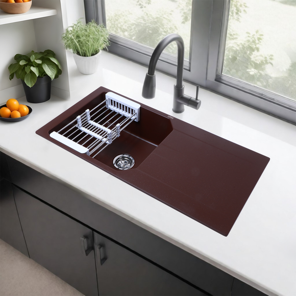 Choco Brown Quartz Single Bowl with Drainboard Kitchen Sink (39 x 20 x 9 Inches) - LIPKA - Lipka Home