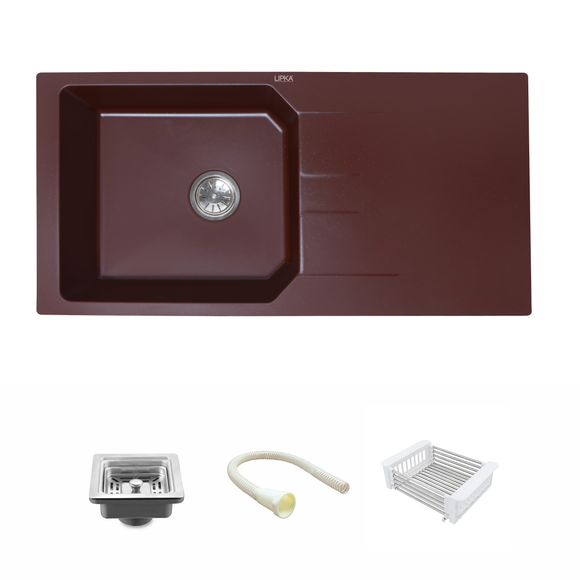 Choco Brown Quartz Single Bowl with Drainboard Kitchen Sink (39 x 20 x 9 Inches) - LIPKA - Lipka Home