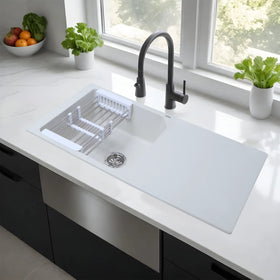 Crystal White Quartz Single Bowl with Drainboard Kitchen Sink (39 x 20 x 9 Inches) - LIPKA - Lipka Home