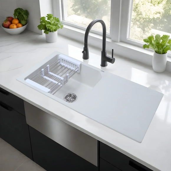 Crystal White Quartz Single Bowl with Drainboard Kitchen Sink (39 x 20 x 9 Inches) - LIPKA - Lipka Home