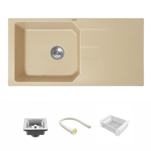 Sand Choco Quartz Single Bowl with Drainboard Kitchen Sink (39 x 20 x 9 Inches) - LIPKA - Lipka Home