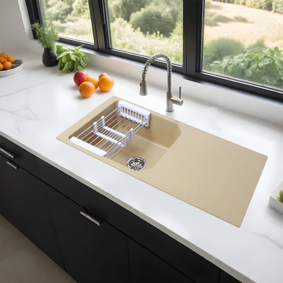 Sand Choco Quartz Single Bowl with Drainboard Kitchen Sink (39 x 20 x 9 Inches) - LIPKA - Lipka Home