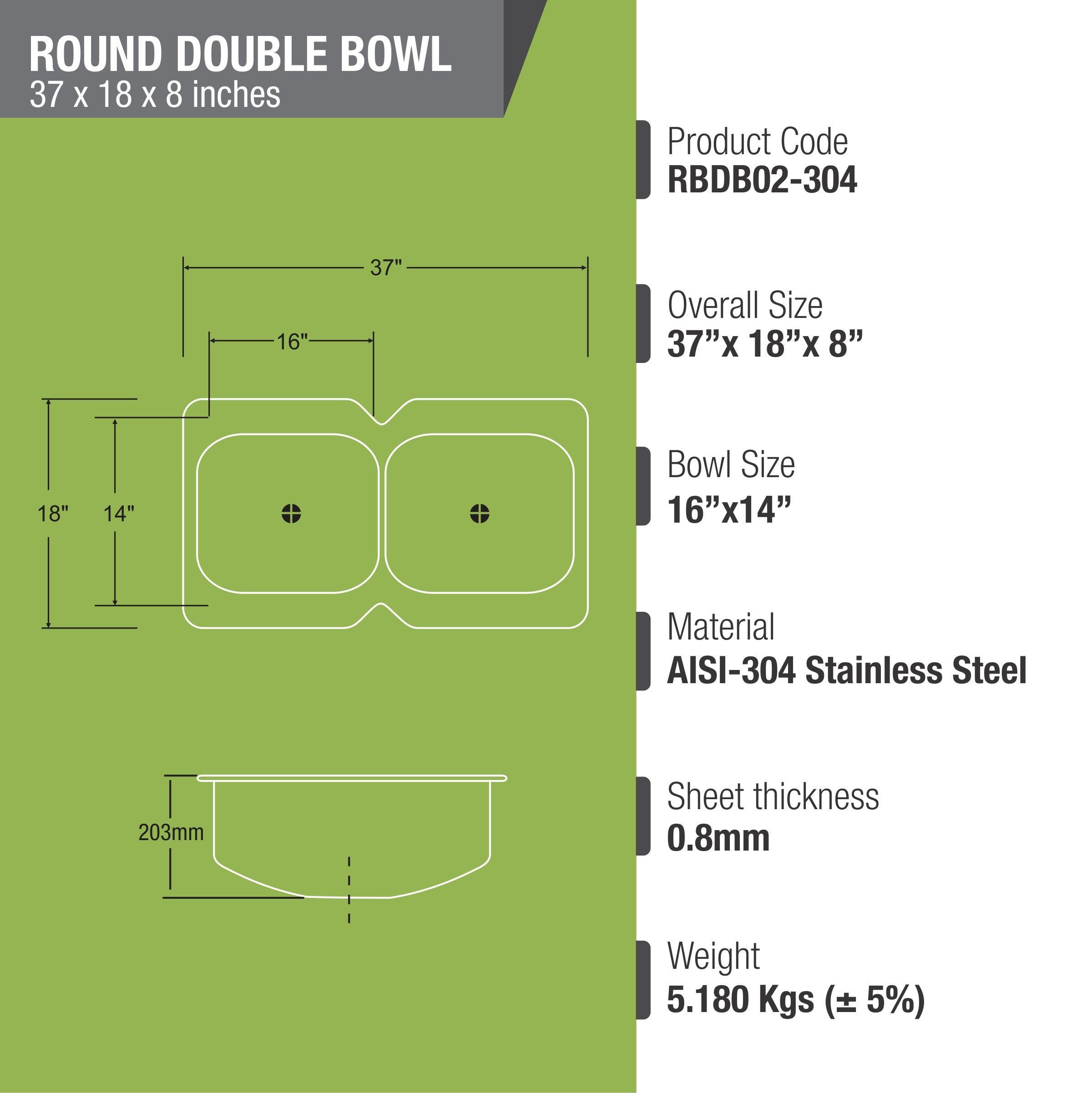 Round Double Bowl 304-Grade Kitchen Sink (37 x 18 x 8 Inches) - LIPKA - Lipka Home