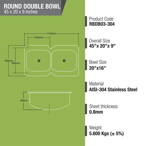 Round Double Bowl 304-Grade Kitchen Sink (45 x 20 x 9 Inches) - LIPKA - Lipka Home