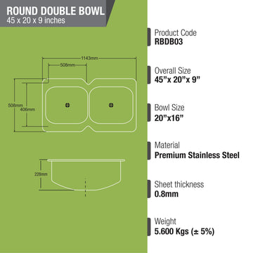 Round Double Bowl Kitchen Sink (45 x 20 x 9 Inches) - LIPKA - Lipka Home