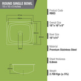 Round Single Bowl Kitchen Sink (18 x 16 x 8 Inches) - LIPKA