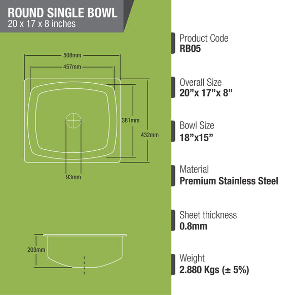 Round Single Bowl Kitchen Sink (20 x 17 x 8 Inches) - LIPKA - Lipka Home