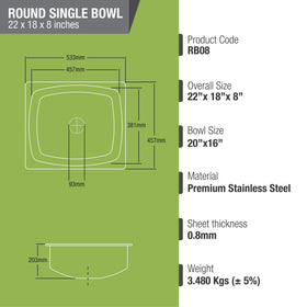 Round Single Bowl Kitchen Sink (22 x 18 x 8 Inches) - LIPKA - Lipka Home