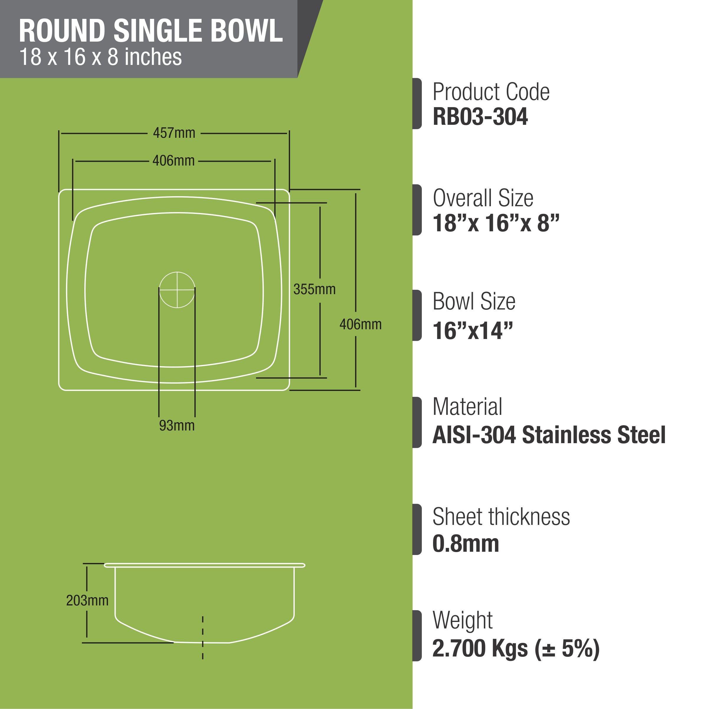 Round Single Bowl 304-Grade Kitchen Sink (18 x 16 x 8 Inches) - LIPKA - Lipka Home