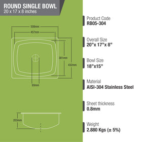 Round Single Bowl 304-Grade Kitchen Sink (20 x 17 x 8 Inches) - LIPKA - Lipka Home