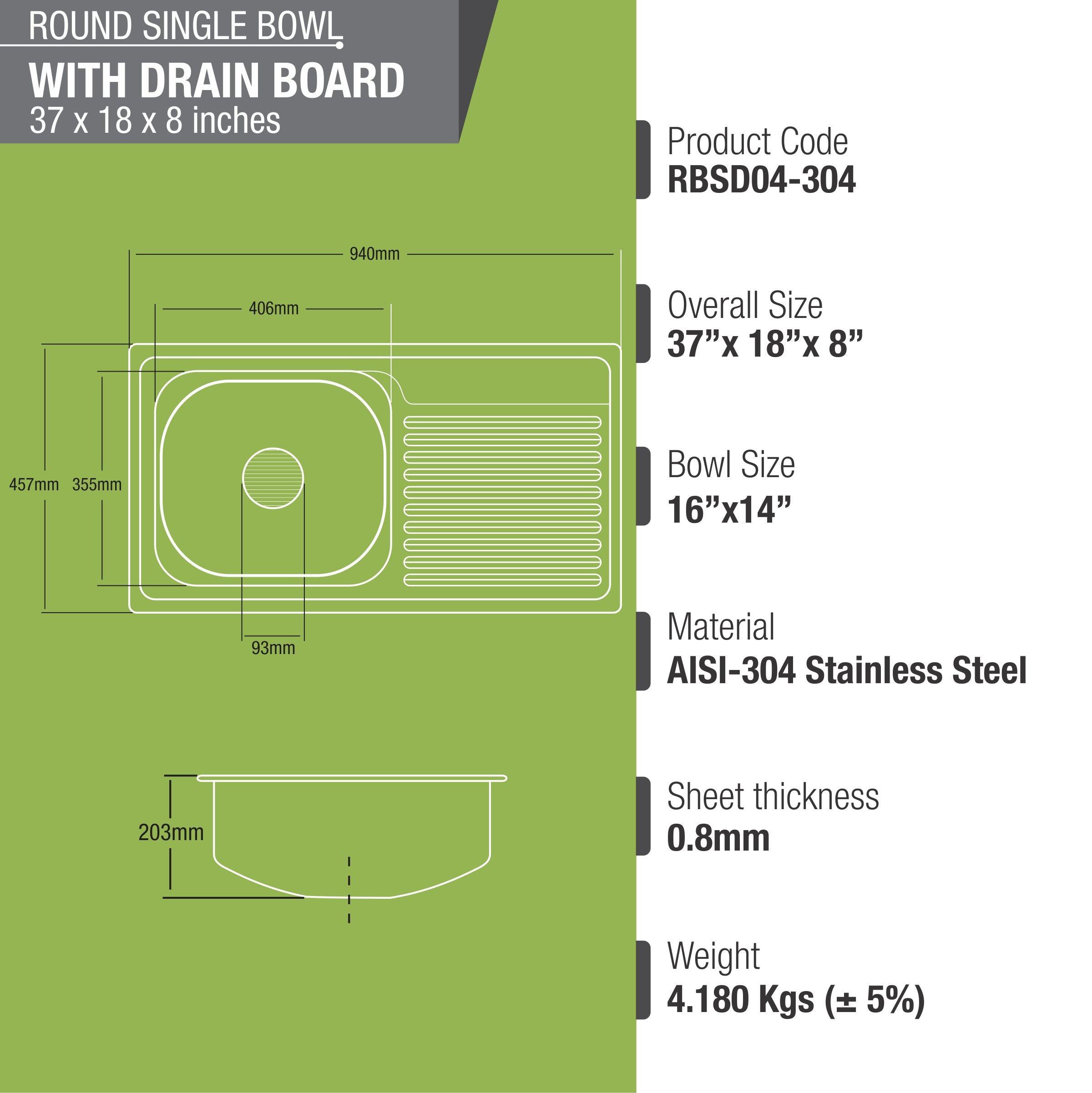 Round Single Bowl 304-Grade Kitchen Sink with Drainboard (37 x 18 x 8 Inches) - LIPKA - Lipka Home