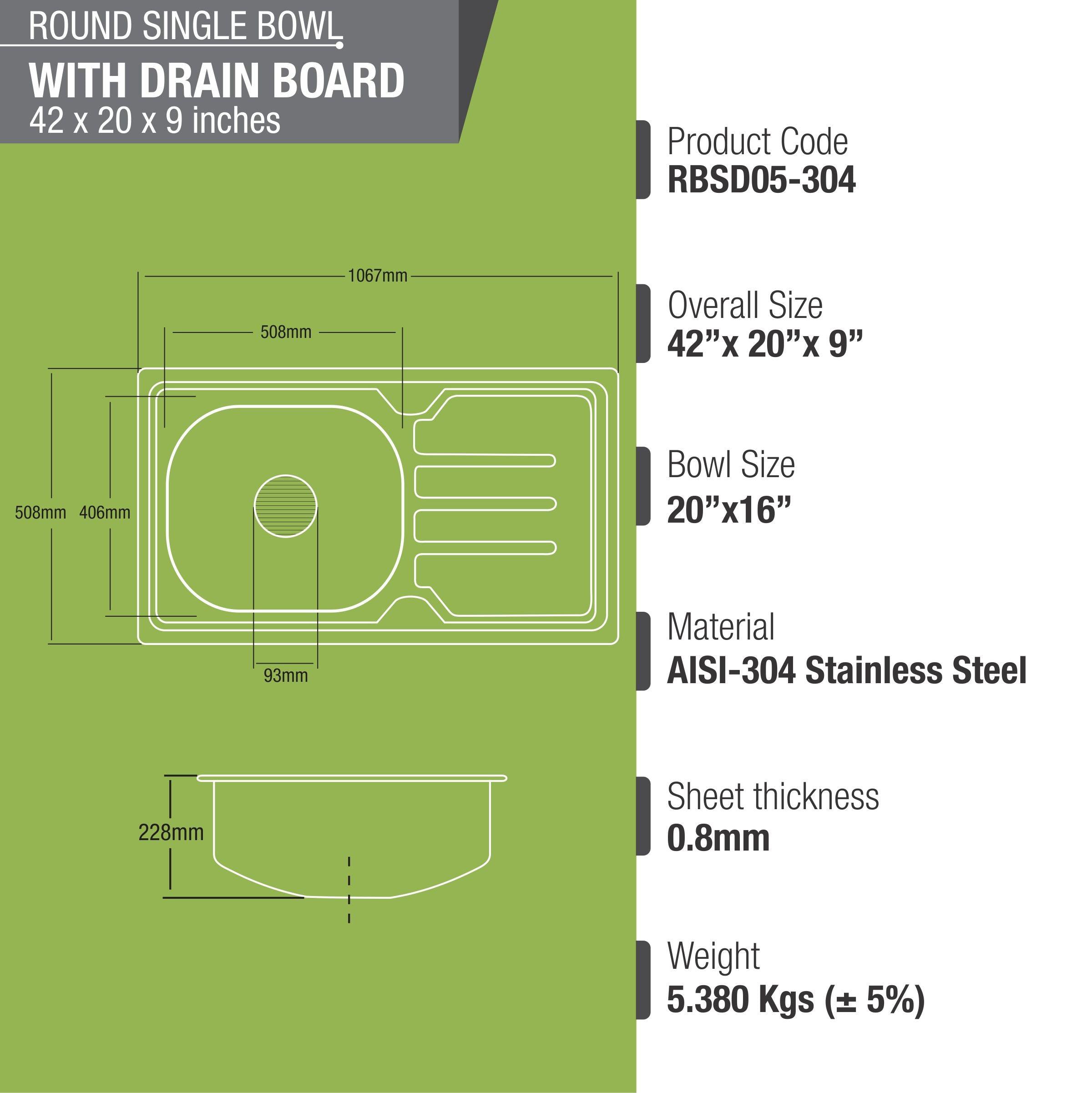 Round Single Bowl 304-Grade Kitchen Sink with Drainboard (42 x 20 x 9 Inches) - LIPKA