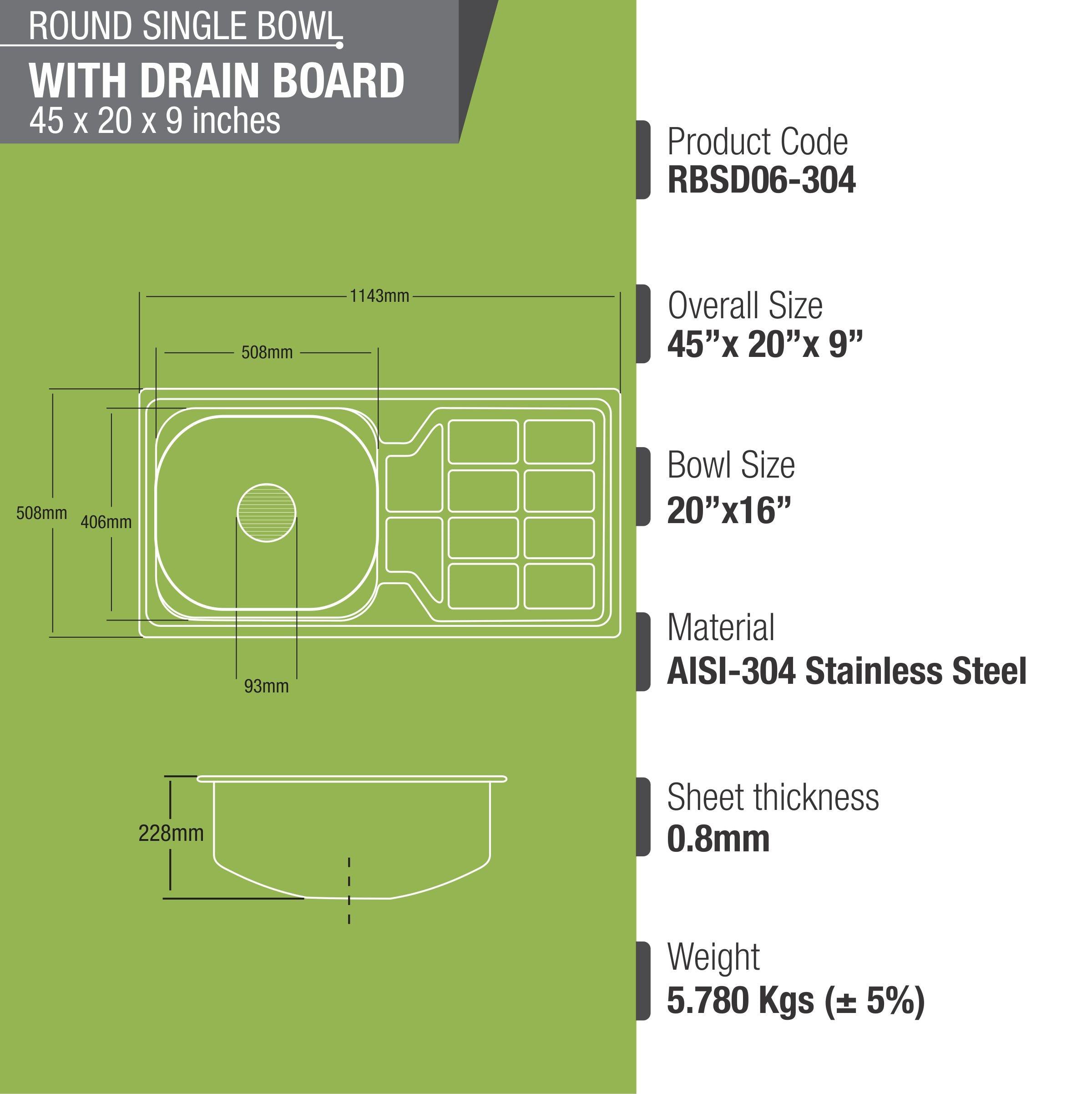 Round Single Bowl 304-Grade Kitchen Sink with Drainboard (45 x 20 x 9 Inches) - LIPKA - Lipka Home