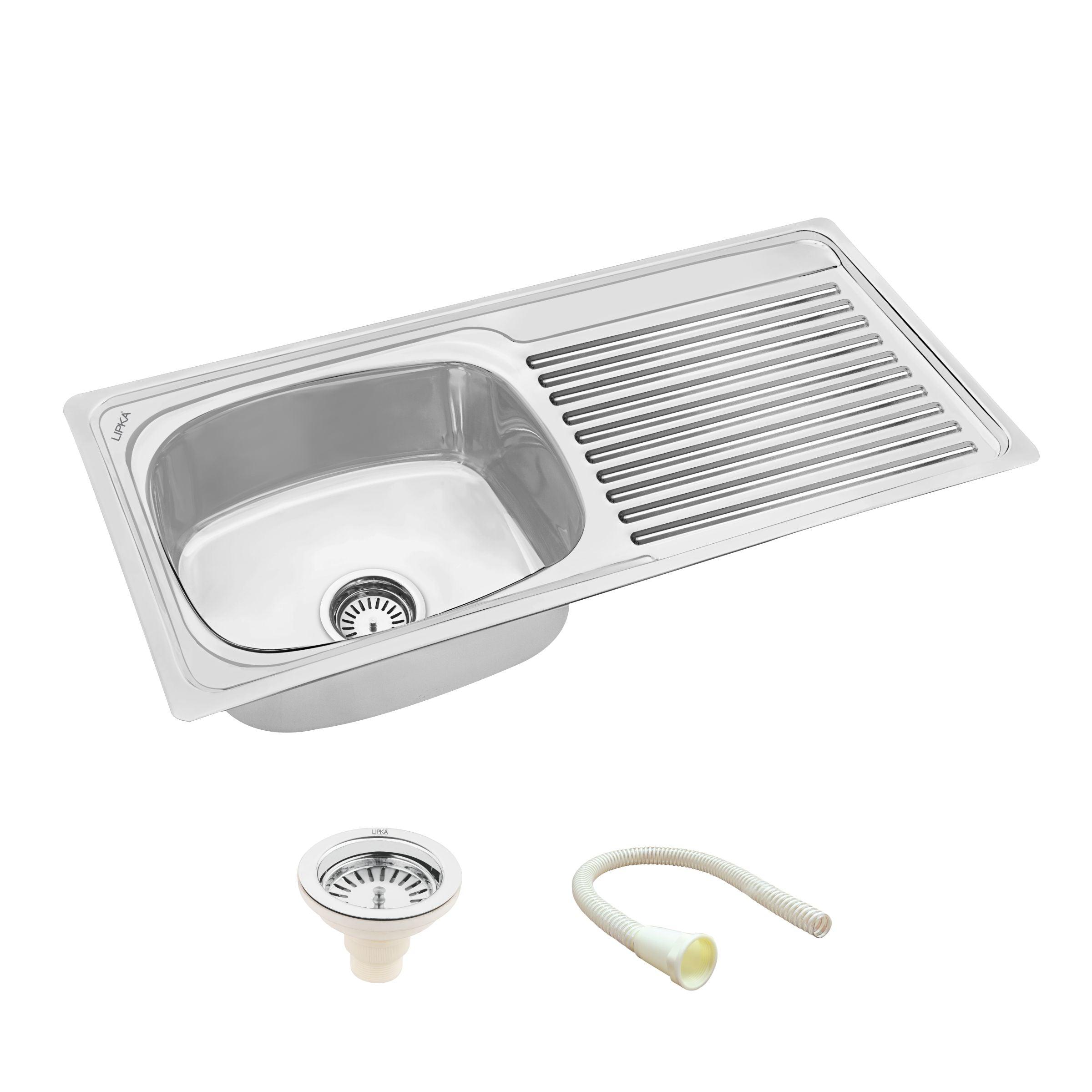 Round Single Bowl Kitchen Sink with Drainboard (37 x 18 x 8 Inches) - LIPKA