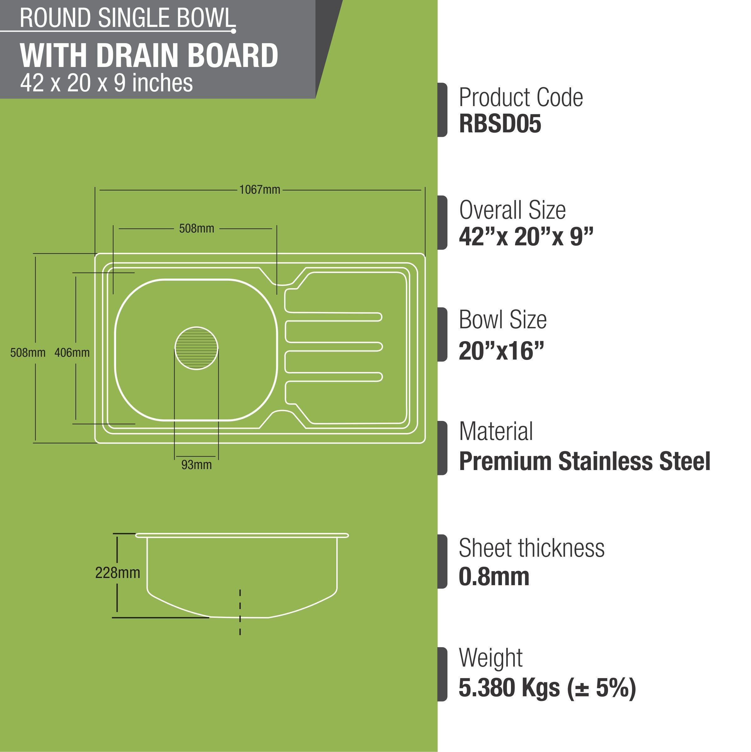 Round Single Bowl Kitchen Sink with Drainboard (42 x 20 x 9 Inches) - LIPKA - Lipka Home