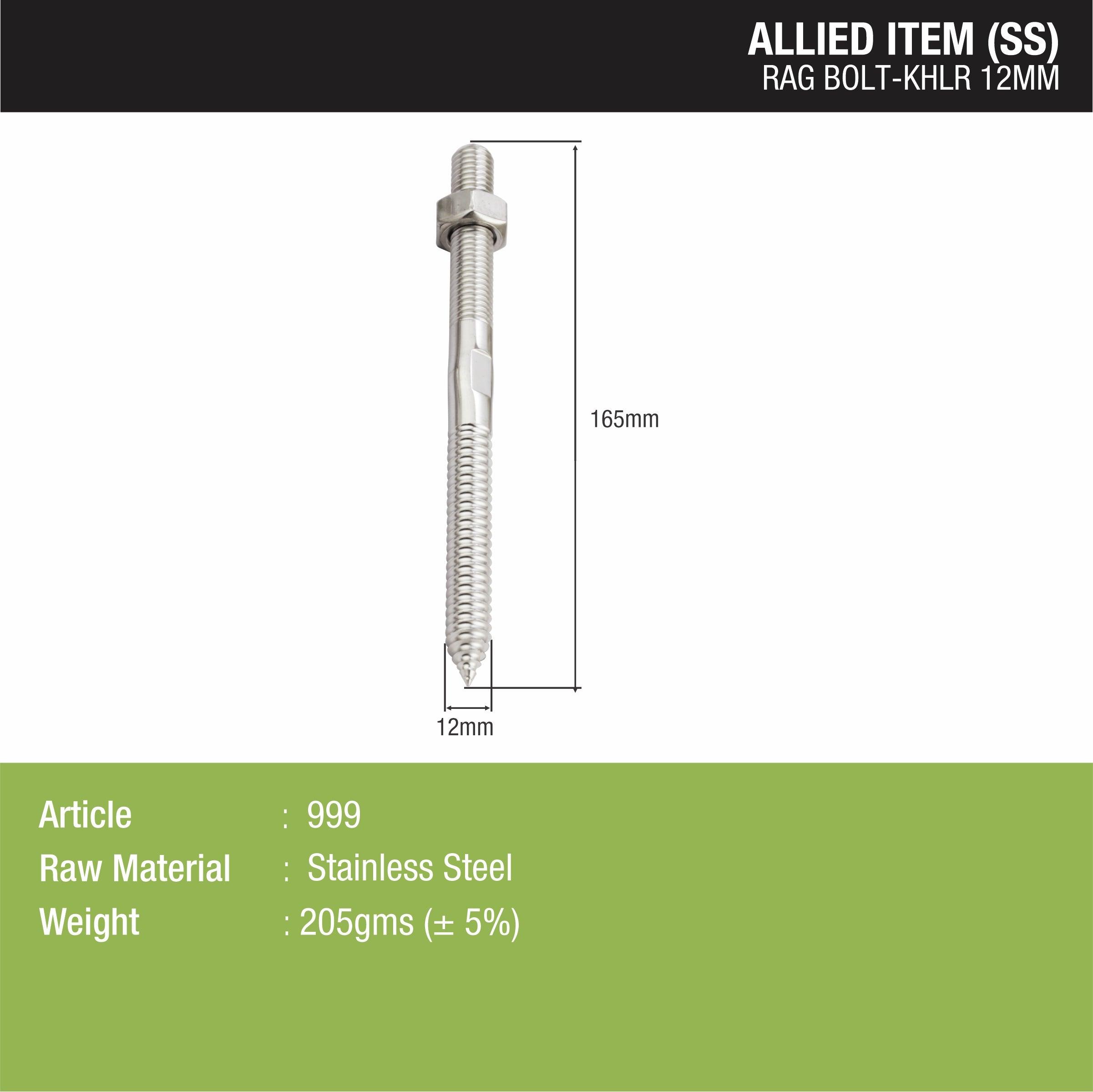 Rag Bolt (12mm) KHLR sizes and dimensions