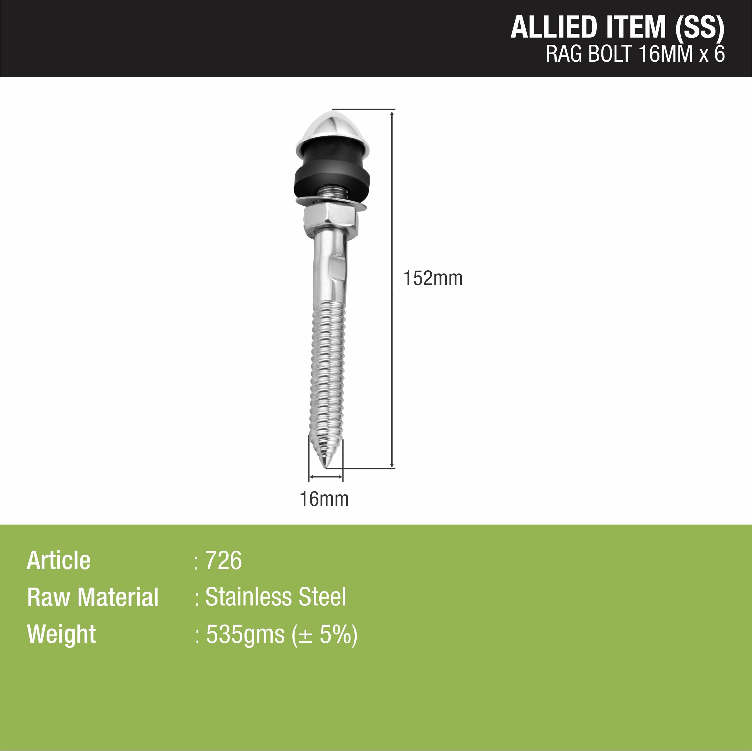 Rag Bolt (16mm x 6 inches) sizes and dimensions