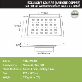 Red Exclusive Square Flat Cut Floor Drain in Antique Copper PVD Coating (5 x 5 Inches) - LIPKA - Lipka Home
