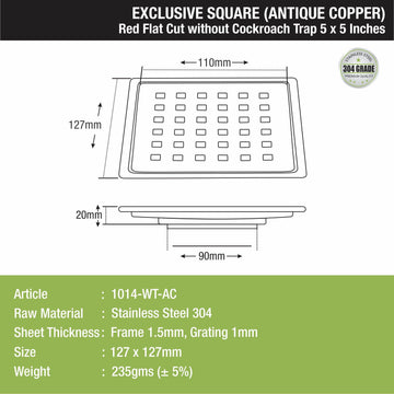 Red Exclusive Square Flat Cut Floor Drain in Antique Copper PVD Coating (5 x 5 Inches) - LIPKA - Lipka Home