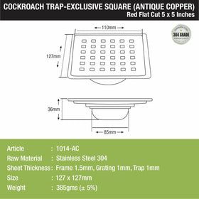 Red Exclusive Square Flat Cut Floor Drain in Antique Copper PVD Coating (5 x 5 Inches) with Cockroach Trap - LIPKA - Lipka Home