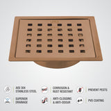 Red Exclusive Square Flat Cut Floor Drain in Antique Copper PVD Coating (5 x 5 Inches) with Cockroach Trap - LIPKA