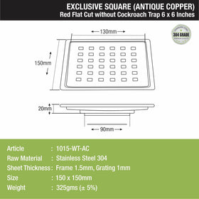 Red Exclusive Square Flat Cut Floor Drain in Antique Copper PVD Coating (6 x 6 Inches) - LIPKA - Lipka Home