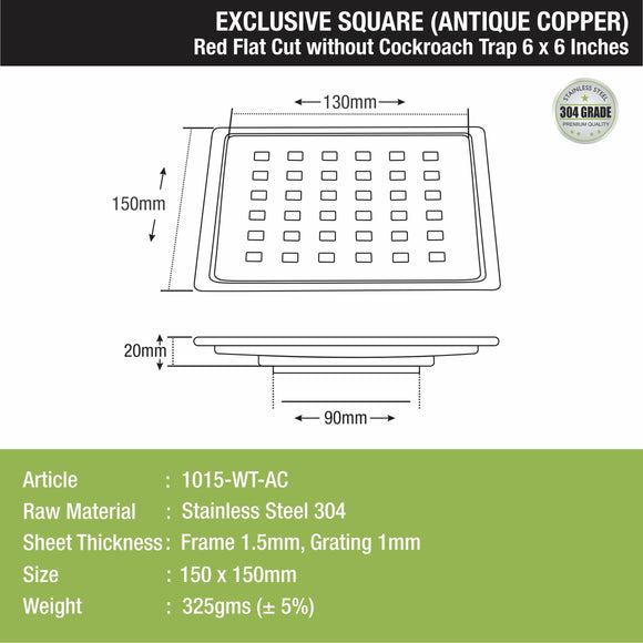Red Exclusive Square Flat Cut Floor Drain in Antique Copper PVD Coating (6 x 6 Inches) - LIPKA - Lipka Home