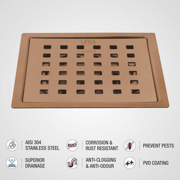 Red Exclusive Square Flat Cut Floor Drain in Antique Copper PVD Coating (6 x 6 Inches) - LIPKA - Lipka Home