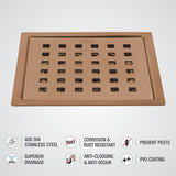 Red Exclusive Square Flat Cut Floor Drain in Antique Copper PVD Coating (6 x 6 Inches) - LIPKA