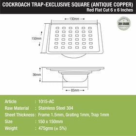 Red Exclusive Square Flat Cut Floor Drain in Antique Copper PVD Coating (6 x 6 Inches) with Cockroach Trap - LIPKA - Lipka Home
