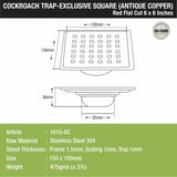 Red Exclusive Square Flat Cut Floor Drain in Antique Copper PVD Coating (6 x 6 Inches) with Cockroach Trap - LIPKA