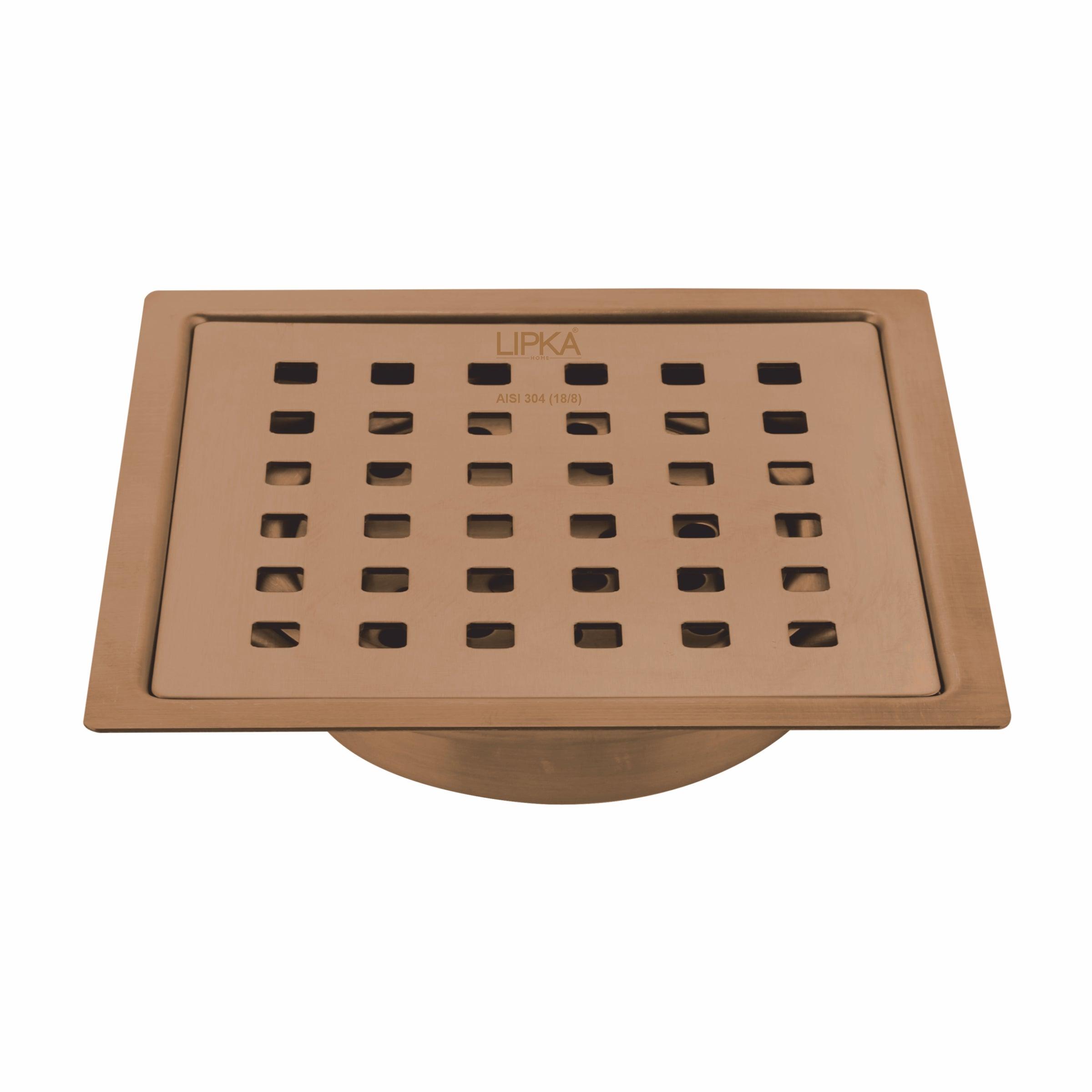 Red Exclusive Square Flat Cut Floor Drain in Antique Copper PVD Coating (6 x 6 Inches) with Cockroach Trap - LIPKA