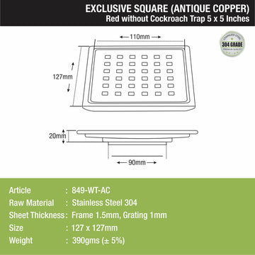 Red Exclusive Square Floor Drain in Antique Copper PVD Coating (5 x 5 Inches) - LIPKA - Lipka Home