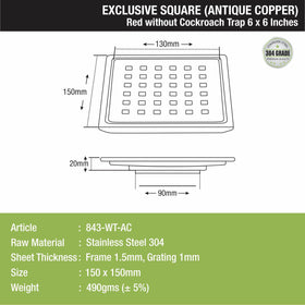Red Exclusive Square Floor Drain in Antique Copper PVD Coating (6 x 6 Inches) - LIPKA - Lipka Home